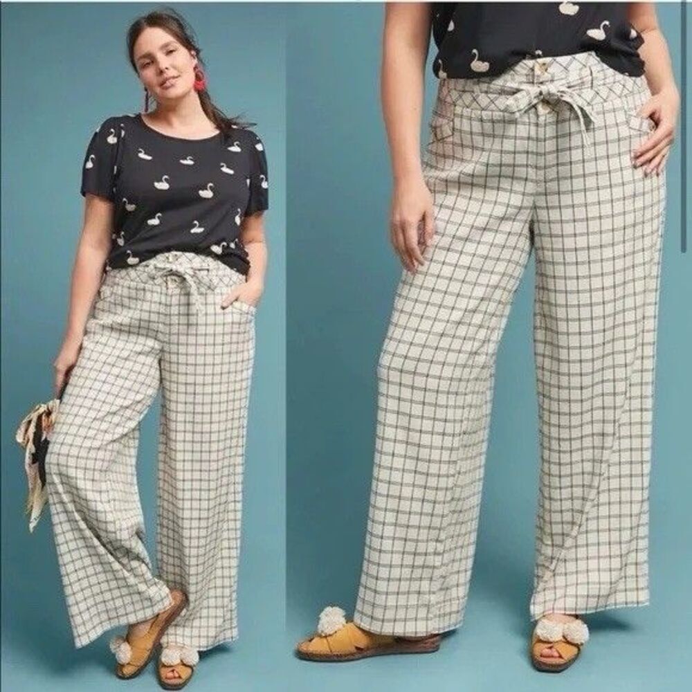 Anthropologie Windowpane Plaid Linen Blend Wide Leg Pants Sz‎ 14 Cream High Rise